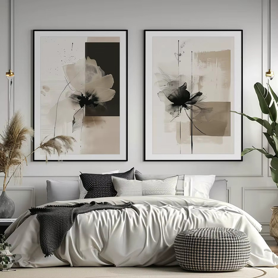 YITONGKE Botanisches Leinwandposter Abstraktes Vintage Blumenmotiv in Beige und Schwarz als dekorative Wandkunst - Bild 2