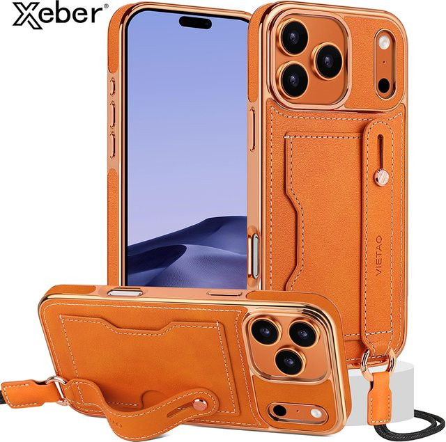Retro Lychee Grain Handgelenk Band Telefonhülle für Apple iPhone 12 bis 17 Pro Max Plus Air aus PU Leder mit Kartenfach und Neck Strap in Rot und Orange - Bild 1
