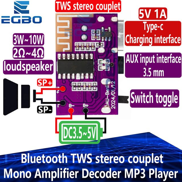 EGBO Bluetooth Verstärker Decoder Modul mit MP3 Player und 3,5mm AUX Empfänger, Mono, Lila - Bild 1