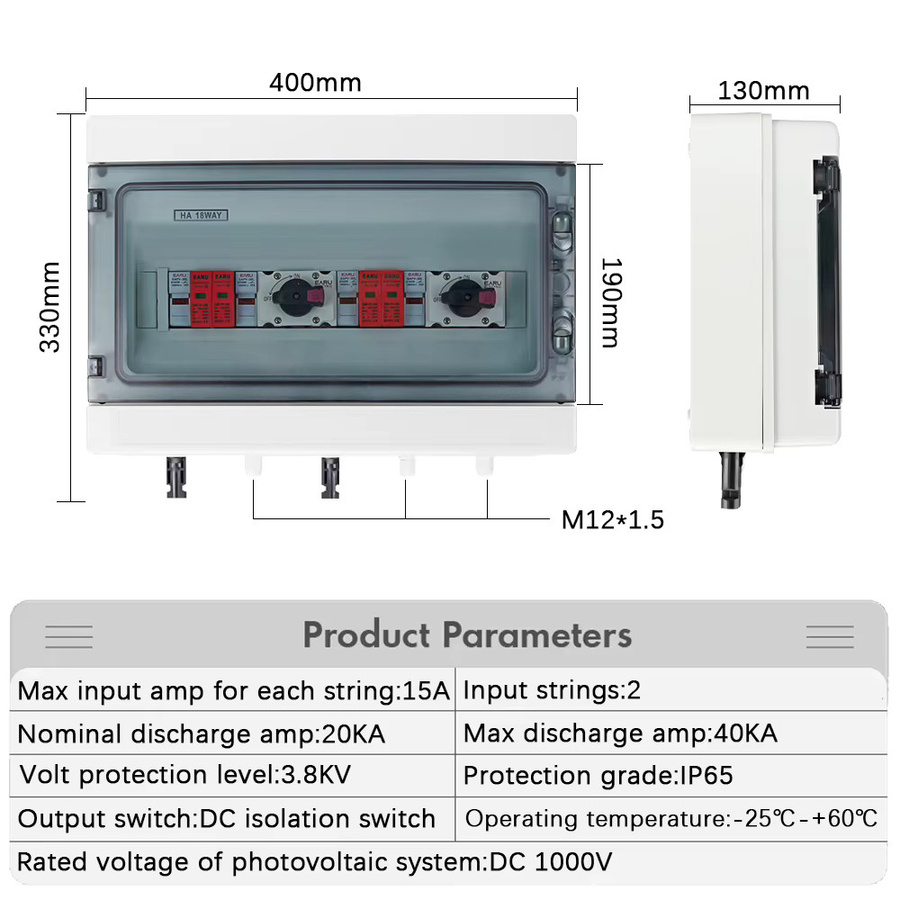 EARU Solar Photovoltaik PV Kombiniererbox mit 2 Eingängen und 2 Ausgängen, DC 1000V, Überspannungs- und Blitzschutz, DC-Sicherung, MCB, SPD, wasserdichte IP65 Box, Weiß, B/T/H: 40 x 33 x 13 cm - Bild 2