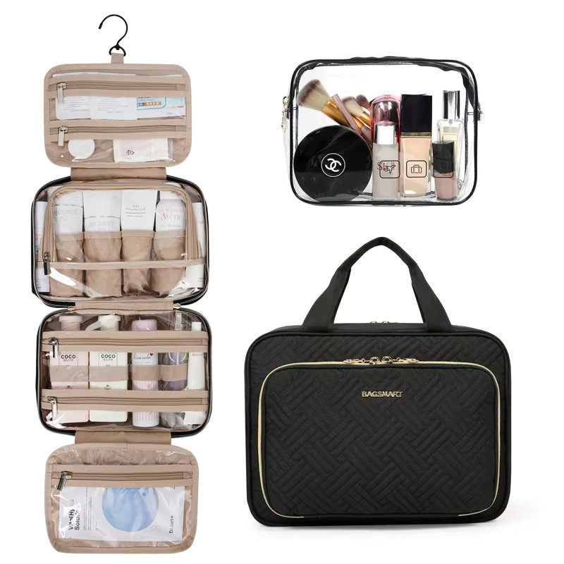 BAGSMART Kosmetiktasche mit transparentem Etui und Badezimmer-Haken als Reise-Kulturbeutel und Make-up-Organizer für Damen in Pink und Black - Bild 2