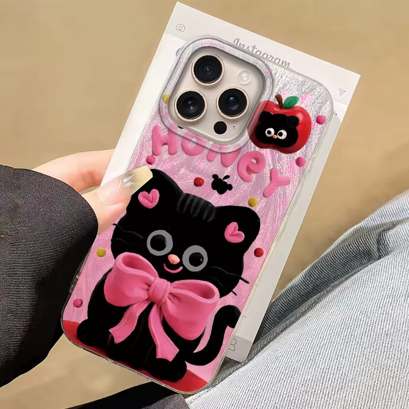 FunYudas Stoßfeste Handyhülle mit schwarzer Katze und Farbverlauf für iPhone 16 15 14 13 Pro Max SE, Silber/Rosa/Schwarz - Bild 1