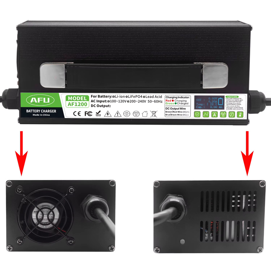 AFU Lithium-Ionen-Akku-Ladegerät mit LCD-Display und Wärmeableitung, 100,8 V 10 A, USB-Anschlüsse, Schwarz - Bild 3