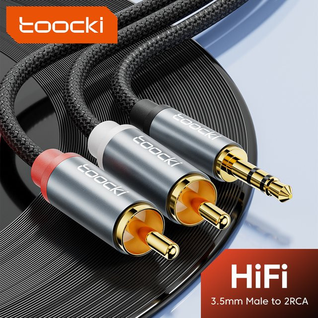 Toocki Aux-Audiokabel 3,5 mm Klinke auf 2 Cinch RCA Splitter, Grau - Bild 1
