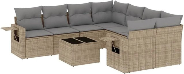 vidaXL 9-tlg Garten-Sofagarnitur in L-Form aus Poly-Rattan mit Kissen in Beige und Grau - Bild 1