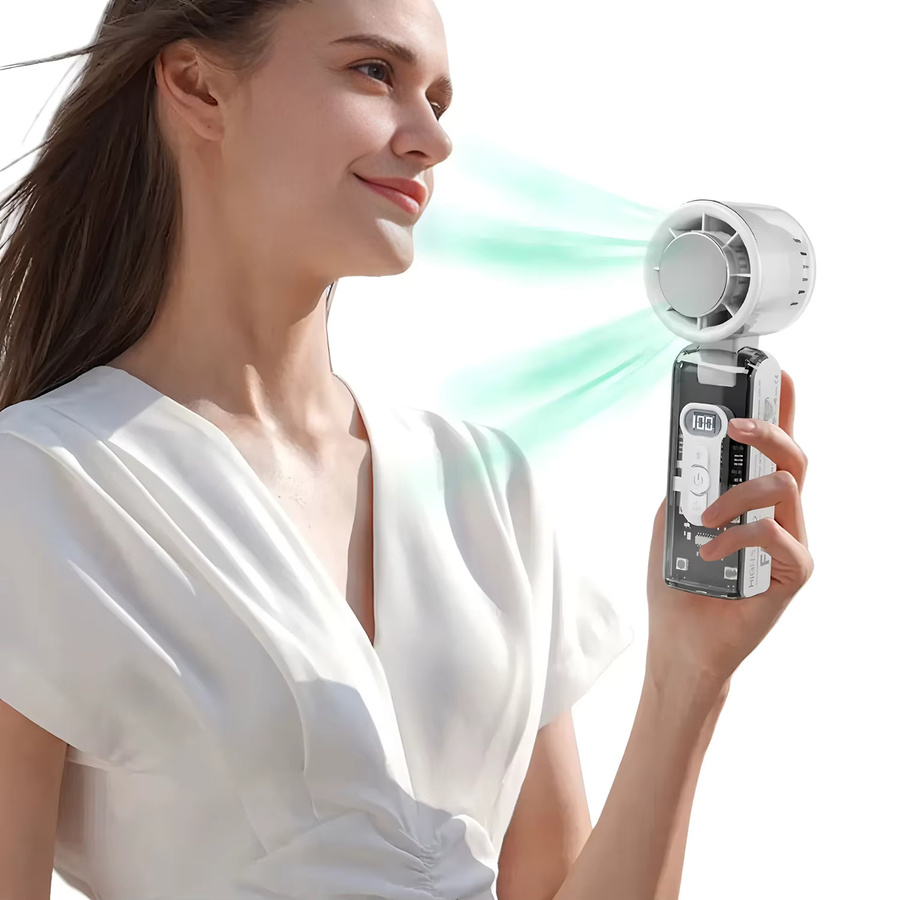 Fireurus Handventilator mit 3600 mAh Akku, stufenloser Geschwindigkeitsregelung, LED-Anzeige und Nachtlicht, USB wiederaufladbar, Weiß - Bild 6