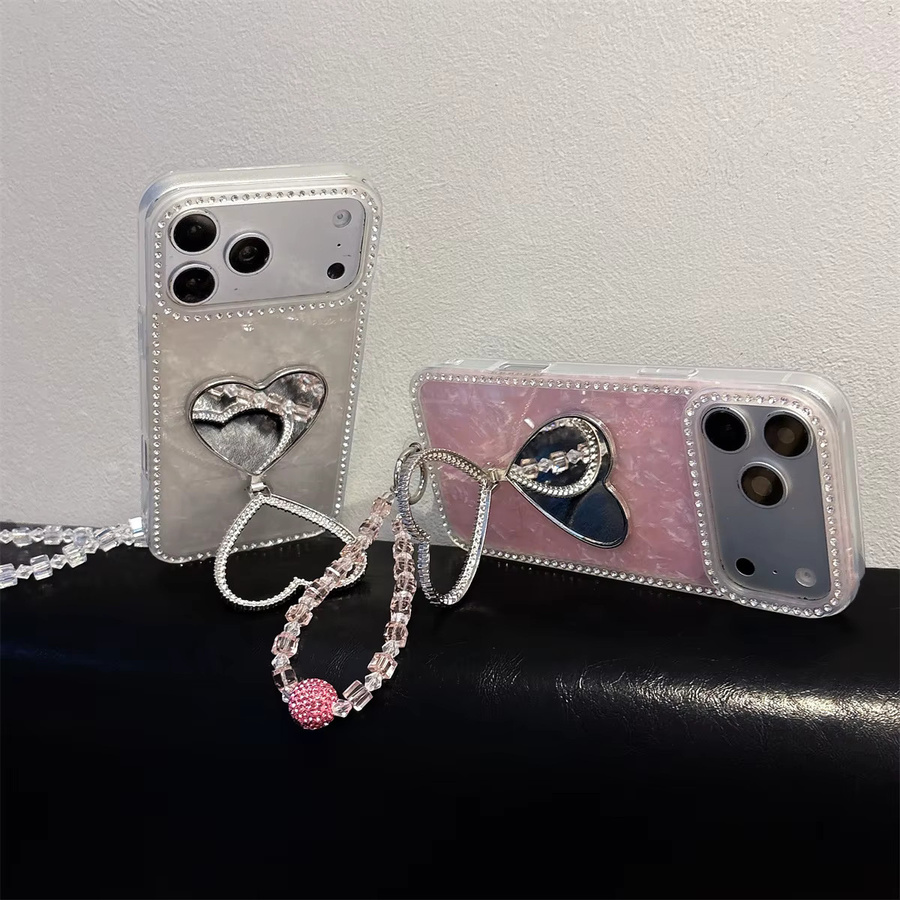 Handyhülle mit Herz-Spiegel und Diamant-Bling sowie Handgelenkschlaufe für iPhone Modelle in Weiß oder Pink - Bild 3