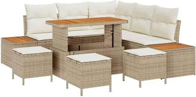 vidaXL Garten-Sofa-Set aus Poly Rattan in Beige mit Kissen und Tisch, 9-teiliges Outdoor-Möbelset für Garten und Terrasse - Bild 1
