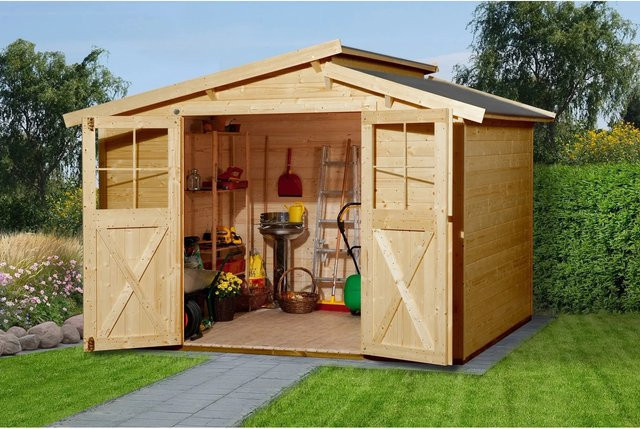 WEKA Gartenhaus aus europäischer Fichte mit Pultdach und Vordach in Beige, B/H/T: 330 x 232 x 250 cm - Bild 1