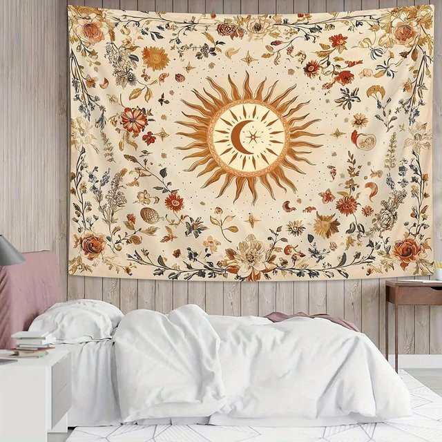 VIKAMA Vintage Wandteppich mit Sonnen- und Mond-Motiv in Multicolour, Bohemian Floral Wohndekor, B x H: 70 x 70 cm - Bild 1