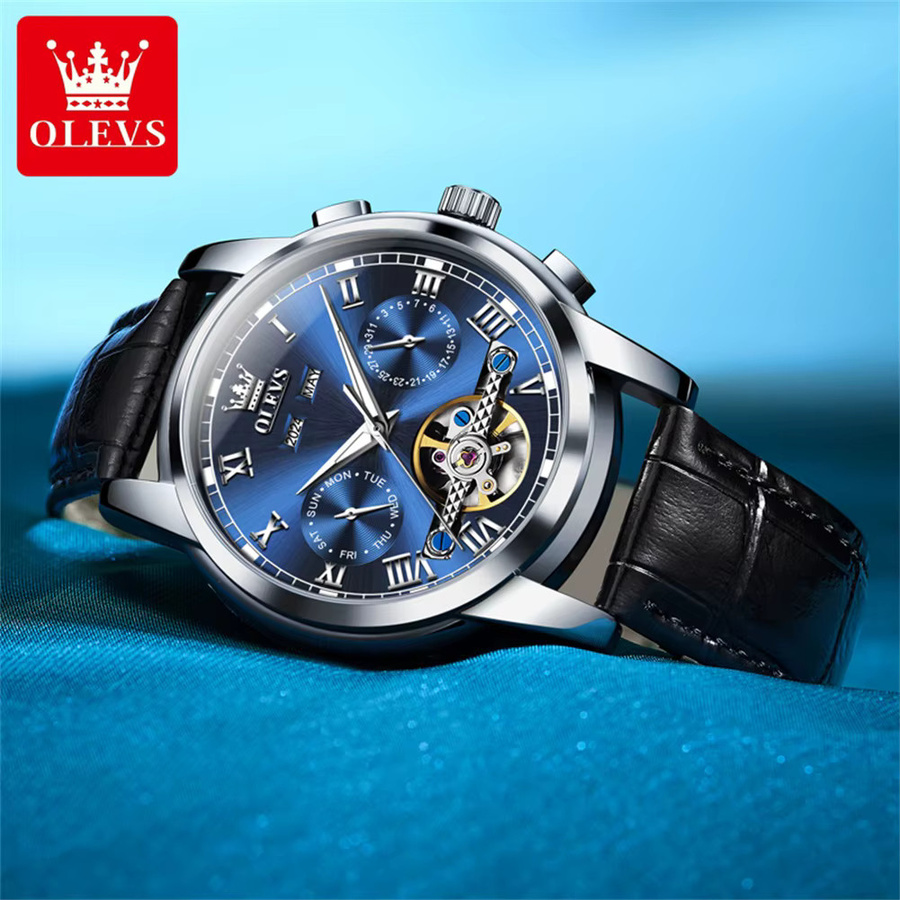 OLEVS Armbanduhr Automatik, Edelstahl, Blau, Leder, Herren - Bild 2