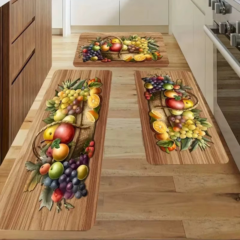 VIKAMA Küchenmatte mit Holzmaserung und Fruchtmuster in Multicolour, gepolsterte Anti-Ermüdungs-Bodenmatte im rustikalen Design - Bild 2
