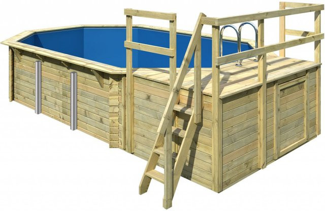 Karibu Holzpool Modell 4 Terrasse C in Blau-Grau mit Filteranlage, Skimmer, zwei Sonnenterrassen, Poolfolie, Schutzvlies und Einhängeleiter, B/T/H: 600 x 400 x 111 cm - Bild 2