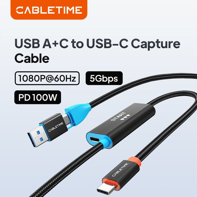 CABLETIME 2-in-1 USB-C und USB-A Videoaufnahmekarte in Schwarz mit 100W PD, 1080P@60Hz Full HD und 5Gbps für Tablet, Laptop und Nintendo Switch - Bild 1