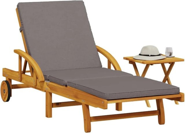 vidaXL Sonnenliege aus massivem Akazienholz mit Auflage, Tisch und Rollen in Braun - Bild 1