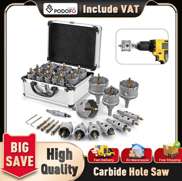 Podofo 16-teiliges TCT-Lochsägen-Set in Silber mit 12 verschiedenen Größen von 16-57 mm und Hartmetall-Kernbohrern inklusive Aufbewahrungsbox - Bild 1