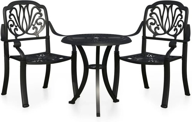 vidaXL 3-tlg Bistro-Set aus Aluminiumguss in Schwarz matt, Modell 1 (Tisch B: 63 cm, H: 76 cm; Stühle H: 91 cm, B: 69 cm, T: 10befa5e-66ff-4e82-becd-143e87c126ed) - Bild 1