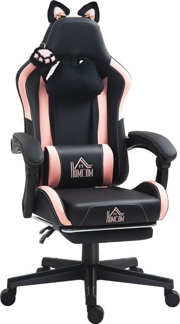 HOMCOM Gaming-Stuhl mit Katzenohren in Schwarz, ergonomischer Gamer-Sessel aus Kunstleder mit Lendenwirbelstütze, Kopfkissen und Fußstütze, höhenverstellbar und mit Liegefunktion - Bild 1