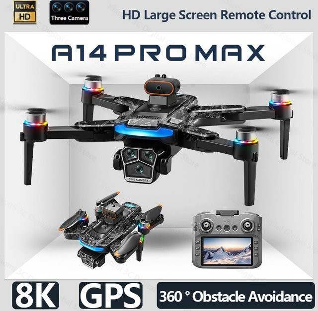 Xiaomi A14 ProMax Drone mit 8K HD Drei-Kamera-System, GPS, optischem Fluss und Hindernisvermeidung, faltbarer Quadcopter in Schwarz - Bild 1