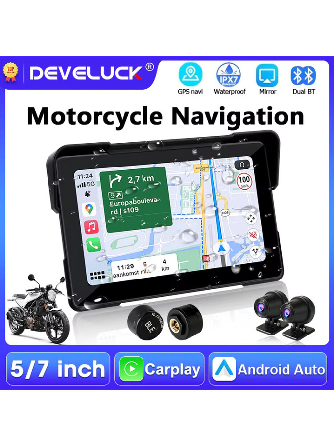Develuck Motorrad CarPlay Touchscreen mit Android Auto, Dual-Bluetooth, GPS-Navigation und TPMS-Unterstützung, IPX7 wasserdicht, Schwarz, 5/7 Zoll - Bild 5