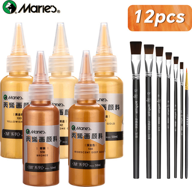 Marie's Classic Metallic-Acrylfarben-Set, 12-teilig, Multicolor, 50 ml pro Farbe, inklusive 7 Pinseln für Bastelarbeiten auf Holz, Felsen, Glas und Leinwand - Bild 1