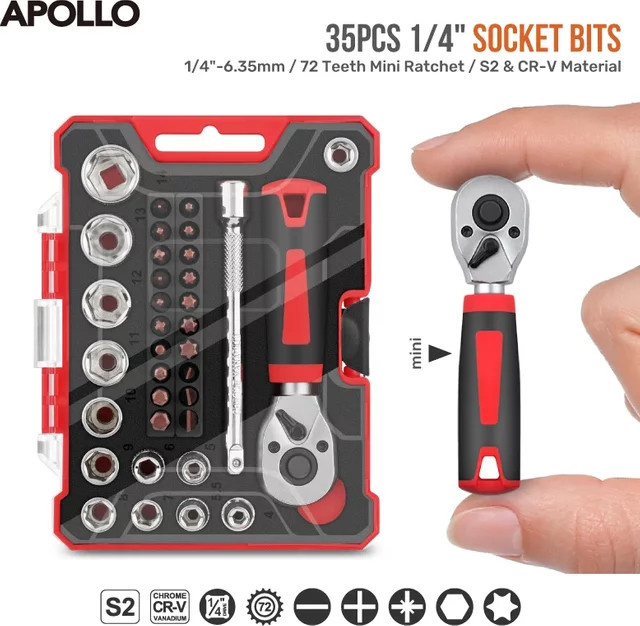 Apollo 35-teiliges Mini-Ratschenschlüssel-Steckschlüsselsatz mit 1/4-Zoll-Antrieb und Sechskant-Bits für die Autoreparatur - Bild 1