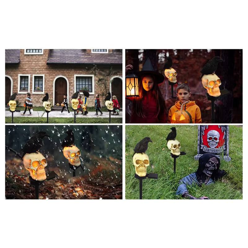 Solar-Halloween-Schädel-Pfahl-Lichter aus wasserfestem Harz und Kunststoff in Weiß und Schwarz mit warmweißem Licht für Garten und Außenbereich - Bild 3
