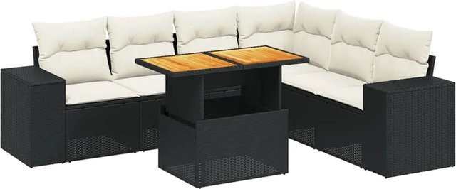 vidaXL 7-teilige Garten-Sofagarnitur in L-Form aus Poly-Rattan und Akazienholz in Schwarz-Creme mit UV-beständigen Kissen - Bild 1