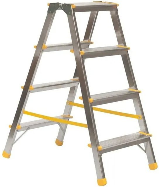 PROREGAL Metal Double Giraffe Doppelseitige Aluminium-Stufenstehleiter mit 4 Stufen, Höhe: 86 cm, Tragkraft 150 kg, Farbe: Silber/Gelb - Bild 1