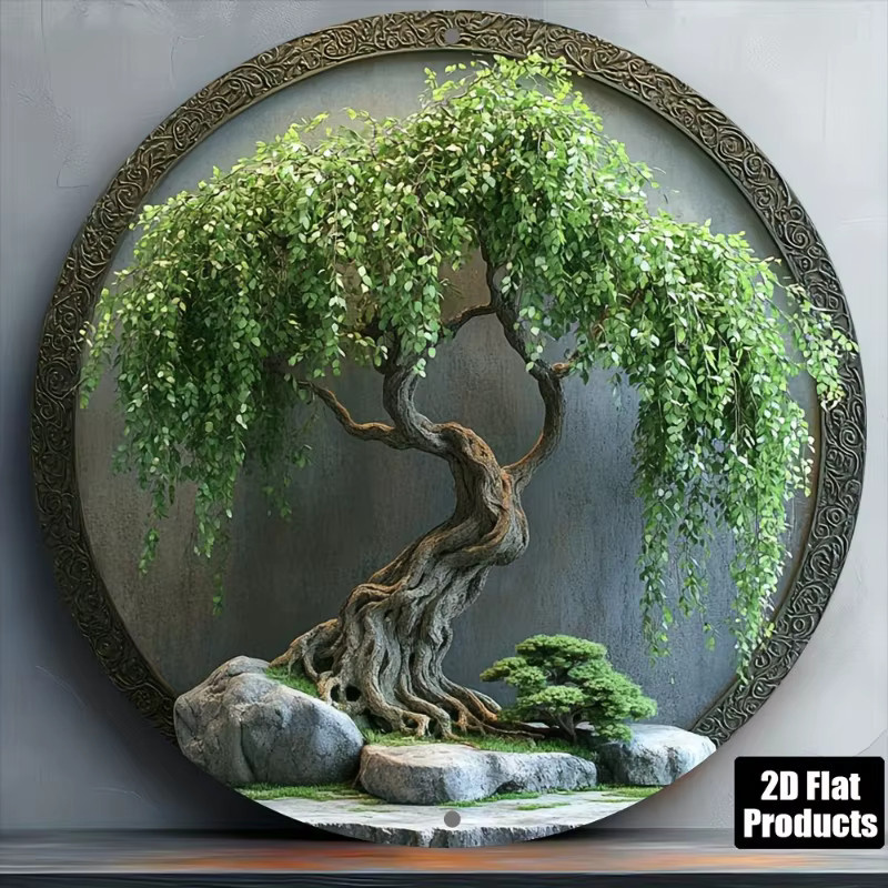 Potdemiel Aluminium-Wandkunst Rund mit Bonsai-Baum, Felsen und Moos in Grün - Bild 2