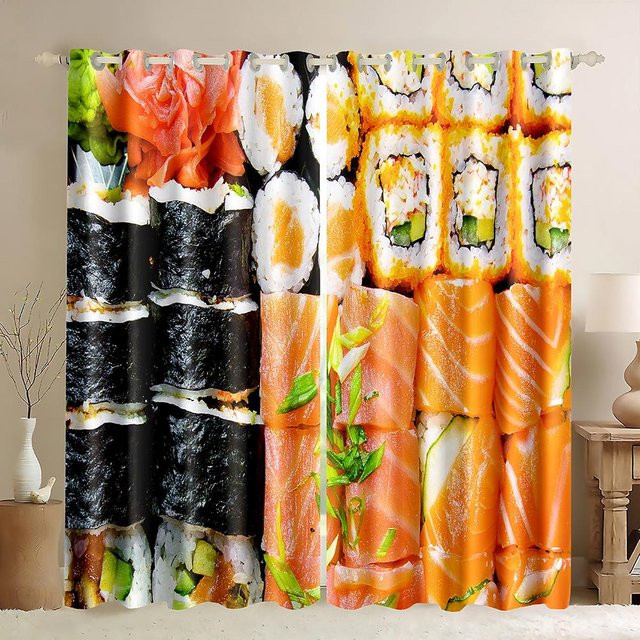 Zweiteiliges Sushi-Muster Vorhangset mit Grafikdruck für Kinderzimmer, Wohnzimmer oder Küche, halbtransparent, Mehrfarbig, Breite: 60 cm, Höhe: 60 cm pro Paneel - Bild 1