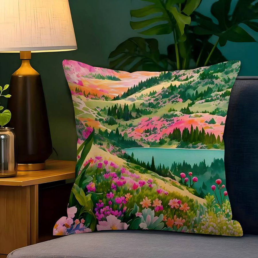 Kissenbezug mit abstrakter Illustration einer bunten Naturlandschaft und Bergblumen für dein Sofa, B/B/H: 18 x 18 x 18 cm - Bild 1
