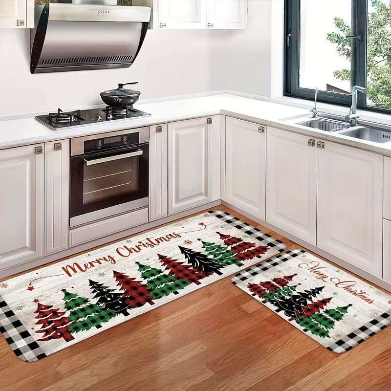 VIKAMA Weihnachtsbaum Kristall Samt Zweiteiliges Set Fußmatten für Küche und Eingangshalle zur Weihnachtsdekoration - Bild 1