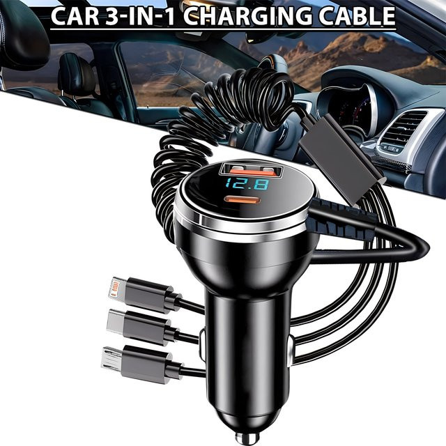 FireFrog 5-in-1 USB-Autoladegerät-Adapter mit einziehbarem Kabel und LED-Spannungsanzeige in Schwarz für iPhone, Samsung und Huawei - Bild 1