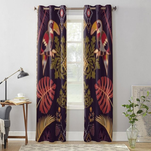Super Six Fenster Vorhang mit tropischem Pflanzen- und Vogelmuster in Grau, B: 135 cm, H: 60 cm - Bild 1