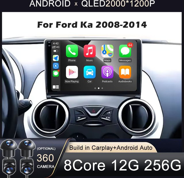 KJ-NAVI Android 16 Autoradio für Ford Ka 2008-2014 mit CarPlay, Touchscreen, Wifi und 4G LTE, Schwarz - Bild 1