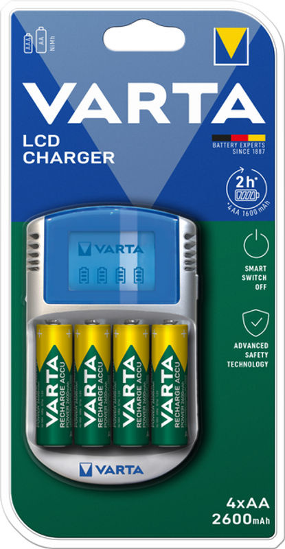 Varta LCD Charger Ladegerät inklusive 4 AA Akkus mit 2600mAh, 12V und USB-C Anschluss in Blau - Bild 2