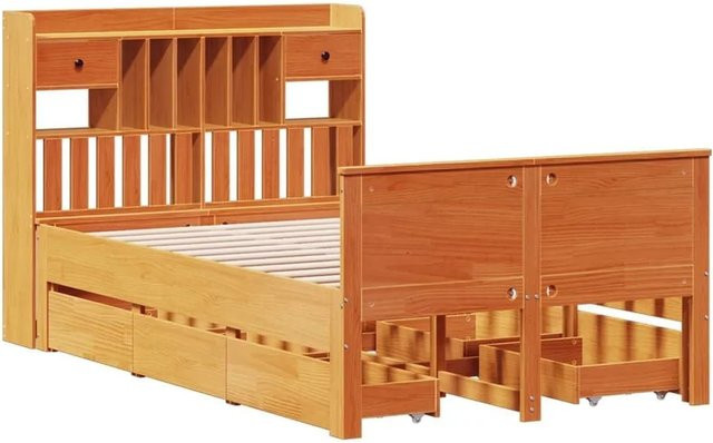 vidaXL Massivholzbett aus Kiefernholz mit Kopfteil mit Regal und Schubladen in Braun, B/T/H: 135 x 190 x 141 cm - Bild 1