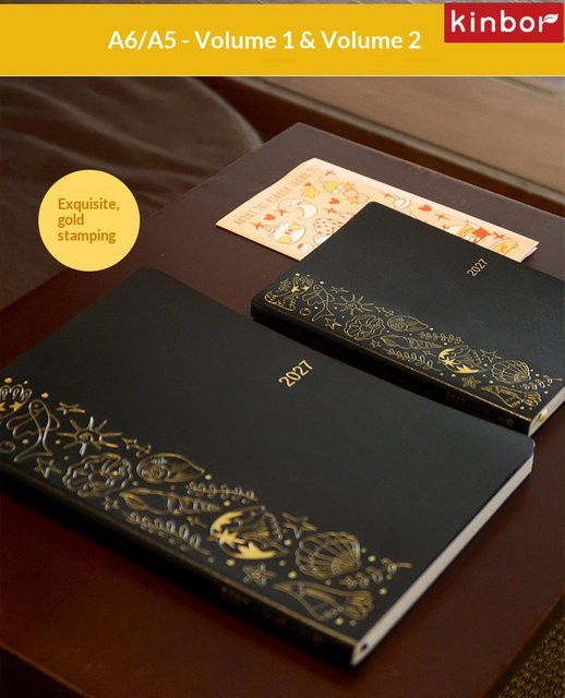 Kinbor Classic 2027 Tagesplaner aus schwarzem PU-Leder mit 52g Bawen-Papier, A5 Jahresplaner-Notizbuch - Bild 1
