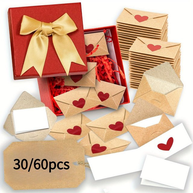 Mini-Umschläge aus Kraftpapier mit Herz-Aufklebern in Braun für Valentinstag und Liebesbriefe, 30 Stück - Bild 1