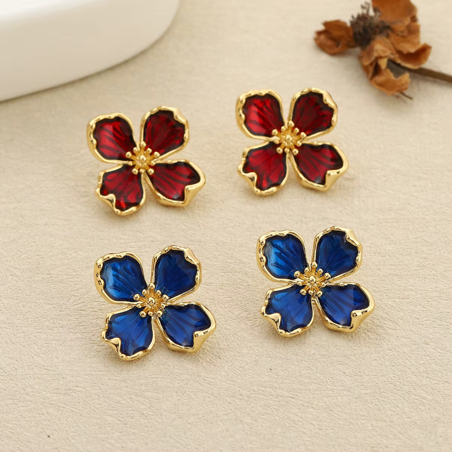 Kovonchy Ohrstecker, Blumen, Rot-Blaue Emaille, 18K Vergoldet, Damen - Bild 2