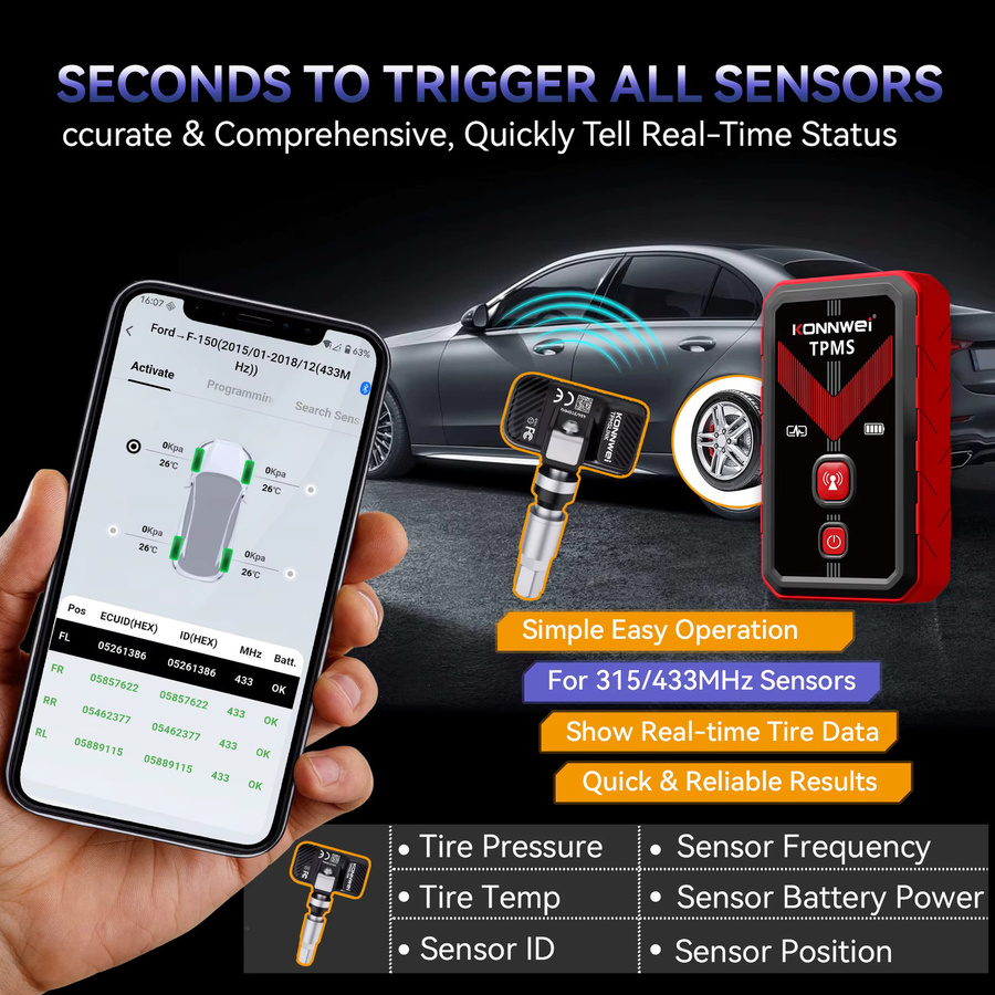 KONNWEI TK100 TPMS Reifendrucksensor Aktivierungs- und Programmiergerät zur Diagnose für Universalfahrzeuge - Bild 5