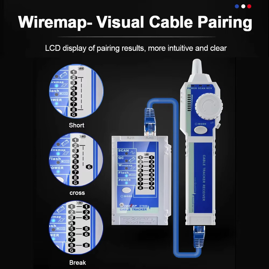 TOOLTOP ET608 LCD Netzwerkkabel-Tracer und Crimp-Tester für RJ45 und RJ11 zur Leitungsprüfung und Netzwerk-Reparatur - Bild 3