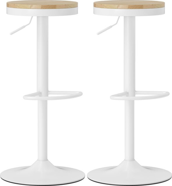 HOMCOM Barhocker 2er Set, höhenverstellbare Barstühle aus Gummibaumholz und Stahl, 360 Grad drehbar mit Fußstütze, Farbe Naturholz und Weiß - Bild 1