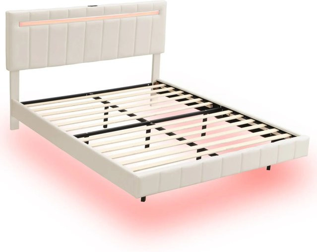 PXloue Polsterbett aus Leinenstoff in Beige mit LED-Unterbettbeleuchtung, B/T/H: 160 x 200 x 105 cm - Bild 1