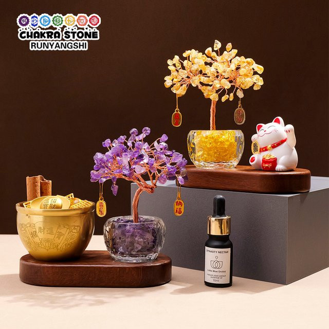 Runyangshi Kristallbaum aus Citrin, Rosenquarz und Amethyst in den Farben Gelb, Rosa und Violett als dekoratives Tischornament - Bild 1