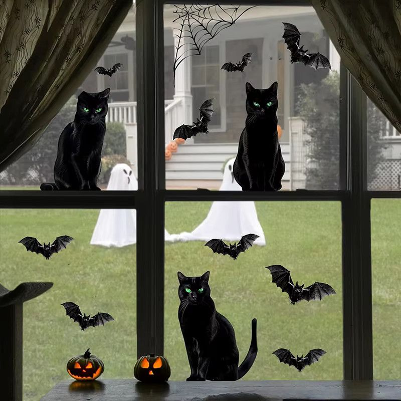 joy-enlife Halloween Fensteraufkleber Set mit schwarzer Katze, Spinnennetz und Fledermaus in Schwarz - Bild 1