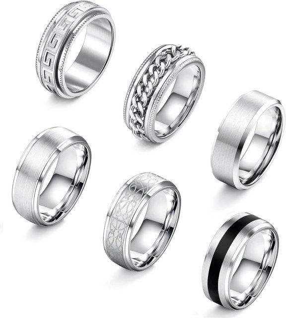 Bobisty Ring-Set, 6-teilig, Edelstahl, Silber, Vintage, Unisex - Bild 1
