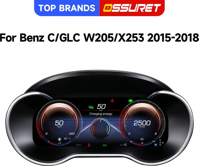 OSSURET Digitales LCD-Instrumentencluster 12,3 Zoll für Mercedes Benz C-Klasse W205 und GLC X253, Armaturenbrett mit Linux-System, Tachometer, Wireless CarPlay und Android Unterstützung, Schwarz - Bild 1