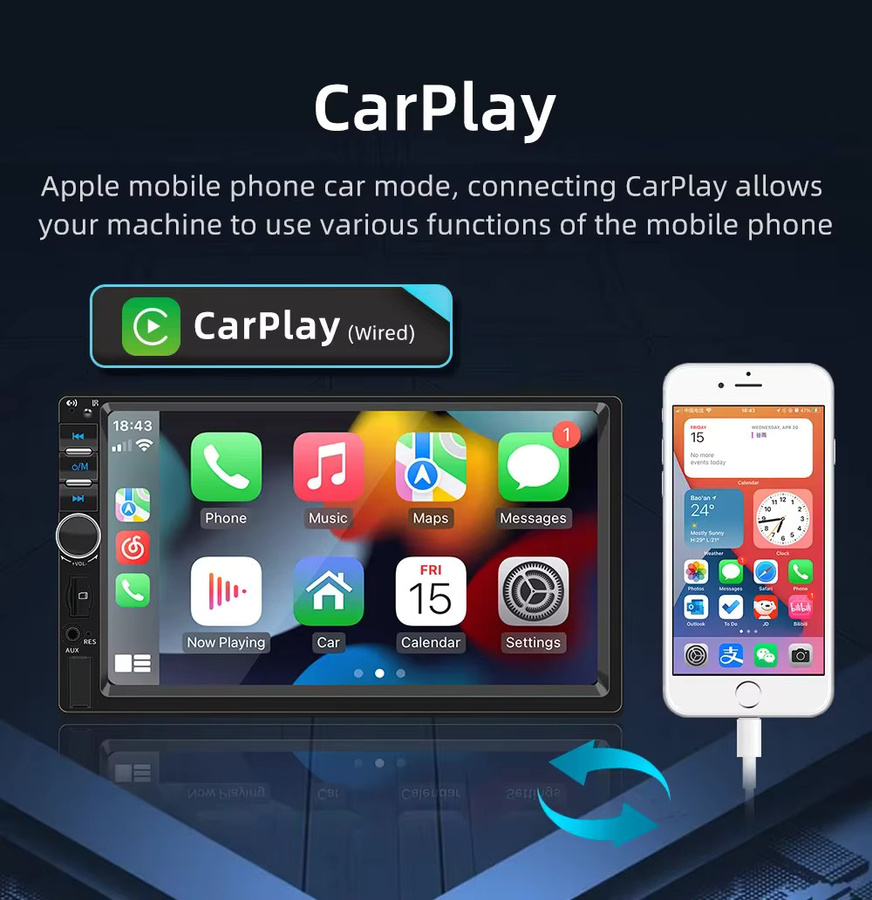 ESSGOO 7 Zoll Autoradio mit Android Auto und Apple CarPlay, Double DIN MP5 Player mit Bluetooth, USB, AUX, FM und Mirror Link in Schwarz - Bild 2